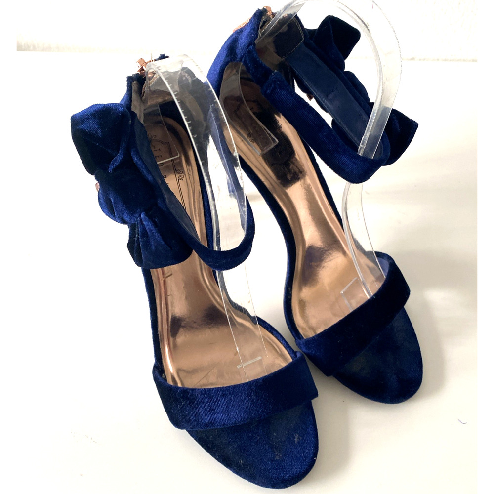 Ted Baker Torabel Velvet Blue Sandal Open Toe Slim Heel Stiletto Bow Back Zip 40 - Picture 5 of 10